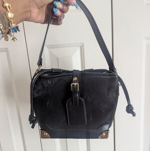 Black Leather and Fabric Bucket Bag with Gold Hardware
